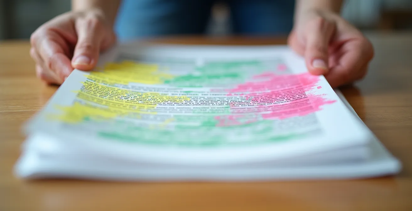 Mains tenant un document contractuel avec surligneurs colorés sur bureau en bois