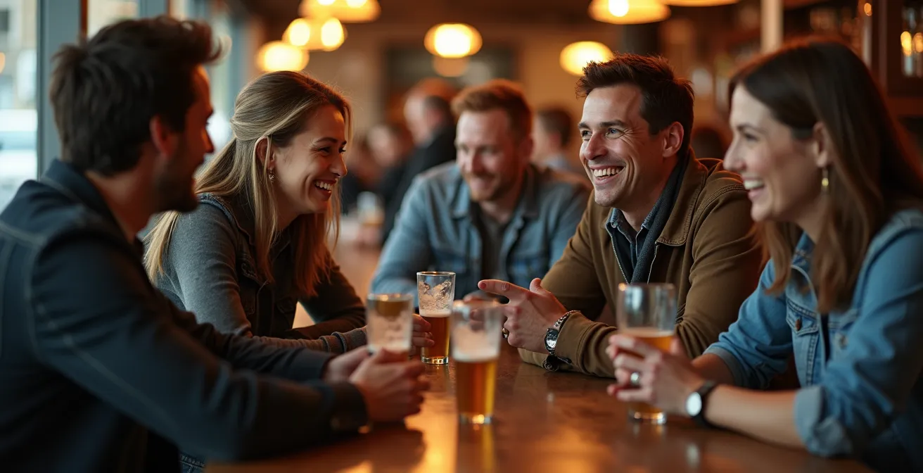 Groupe de personnes en conversation amicale dans un bar montréalais