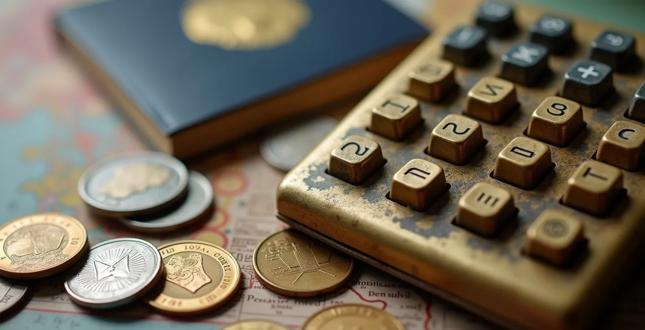 Calculatrice et documents de planification voyage illustrant l'analyse coût-bénéfice