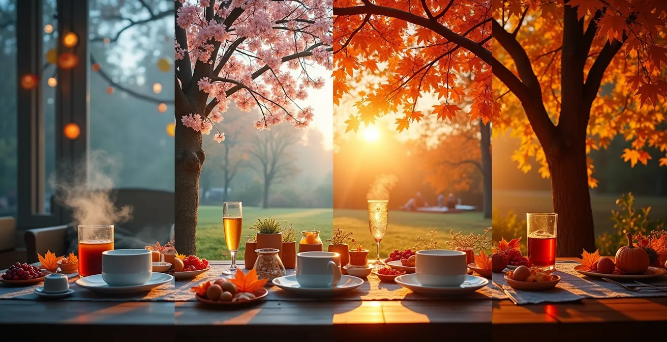 Collage visuel des quatre saisons canadiennes avec des activités sociales typiques