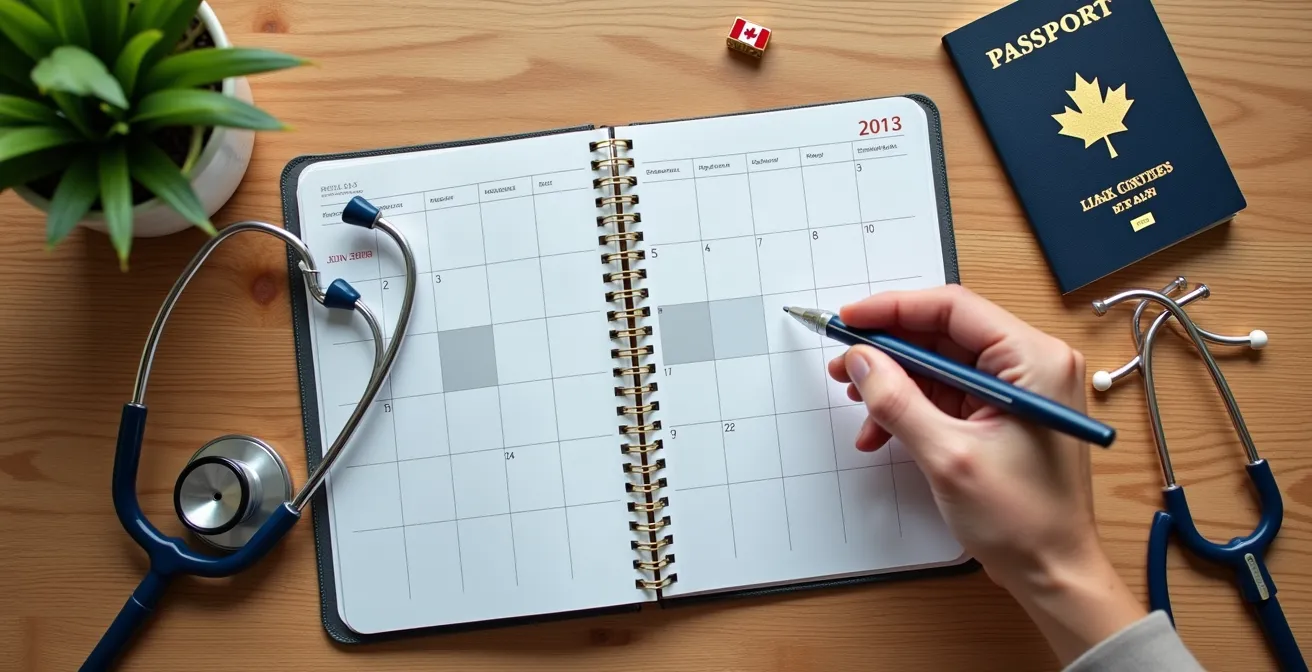 Calendrier médical avec stéthoscope et passeport canadien sur un bureau en bois, symbolisant la planification santé pour un voyage.