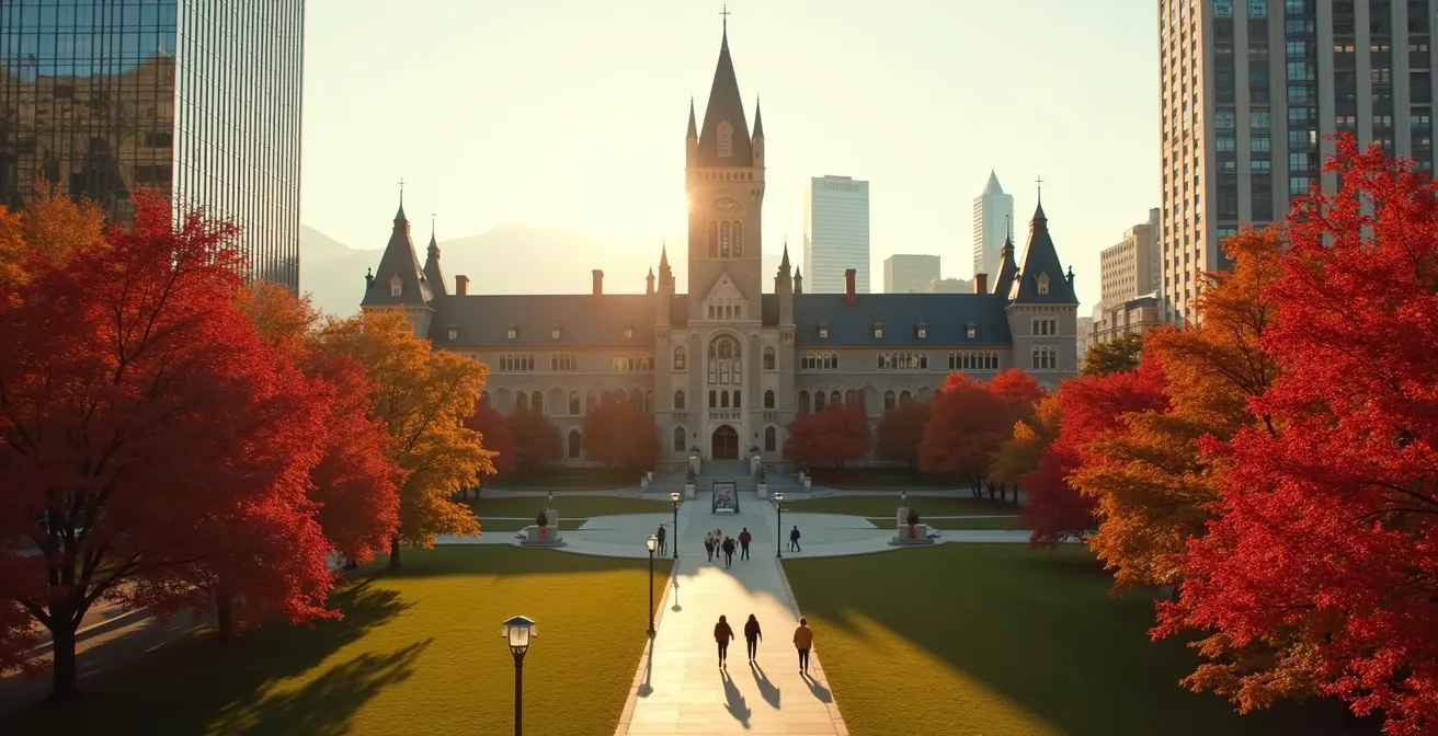 Vue d'un campus universitaire montréalais avec étudiants diversifiés