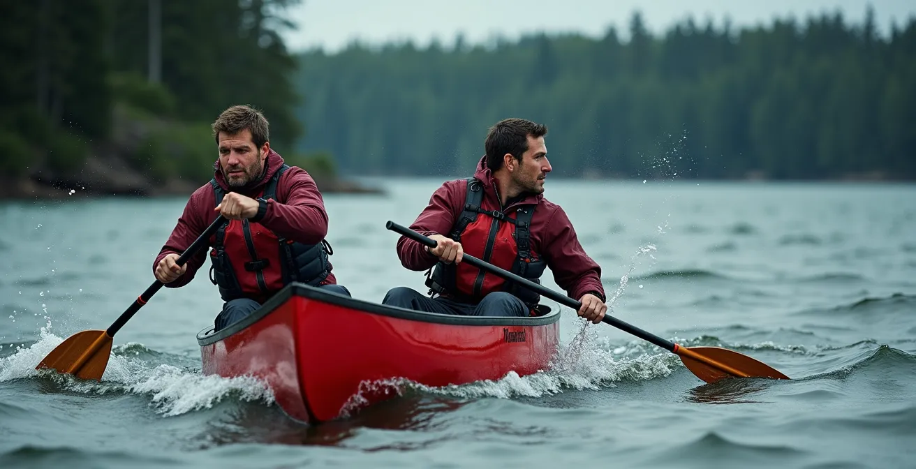 Deux pagayeurs en position basse dans leur canoë face au vent sur un lac agité