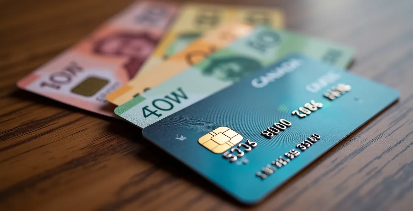 Gros plan sur des cartes de paiement multidevises disposées sur une surface en bois avec des billets canadiens flous en arrière-plan