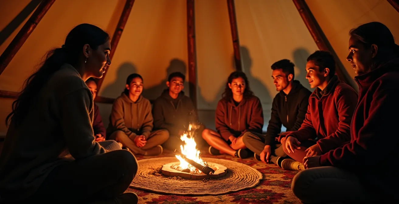 Personnes assises en cercle à l'intérieur d'un tipi lors d'un partage traditionnel