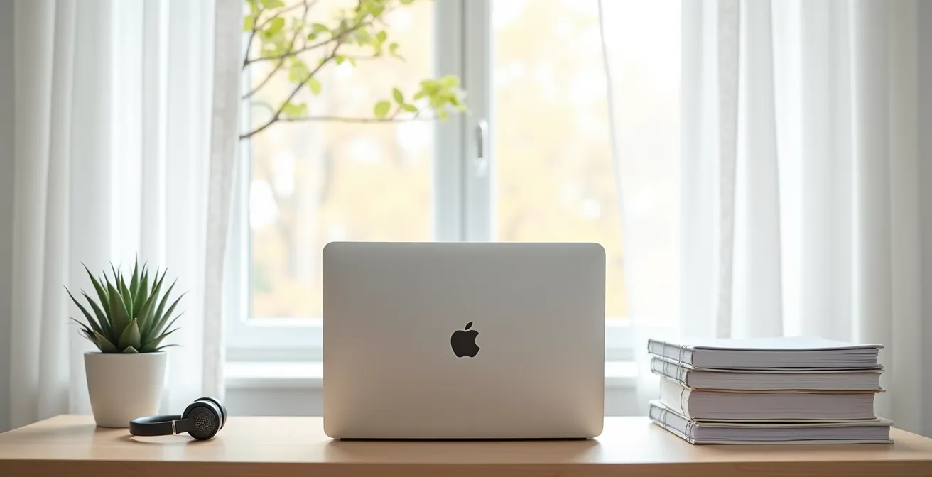 Bureau étudiant avec certificats et ordinateur portable montrant plateforme d'apprentissage