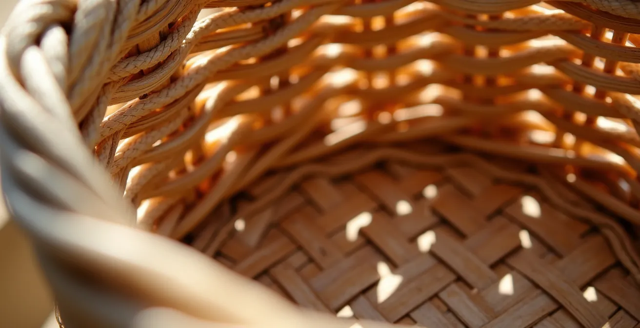 Macro-photographie de l'intérieur d'une nacelle de montgolfière montrant les textures naturelles du rotin tressé