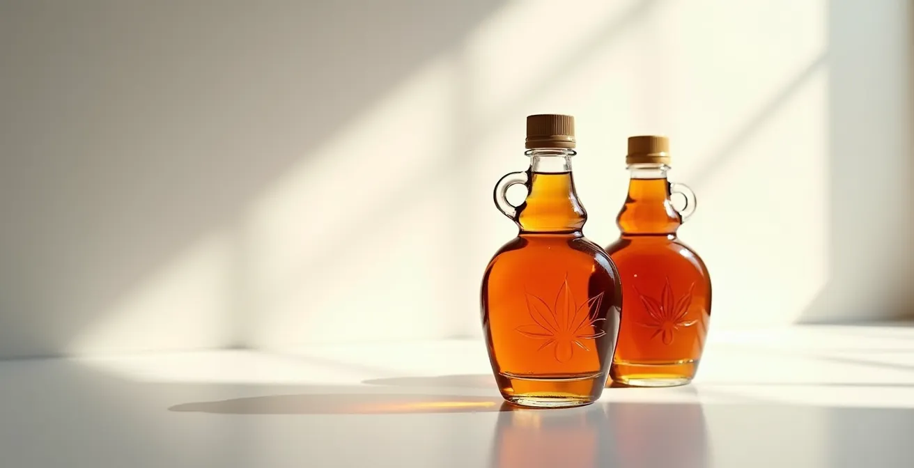 Deux bouteilles de sirop côte à côte montrant la différence entre un vrai sirop d'érable et une imitation