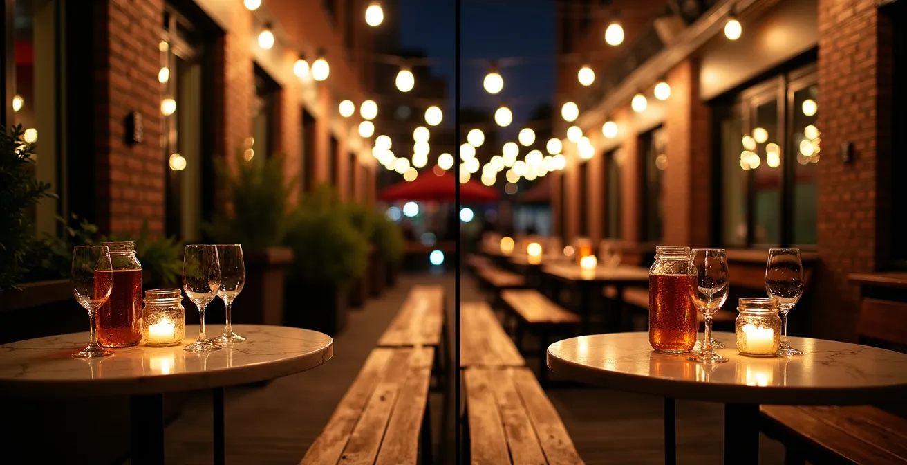 Contraste entre une terrasse élégante du Vieux-Montréal et un bar décontracté du Plateau