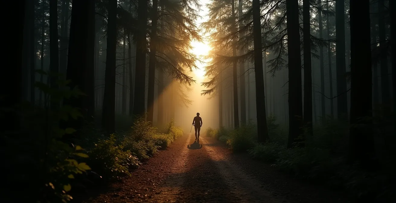 Sentier forestier canadien plongé dans la pénombre du crépuscule avec lumière filtrée à travers les arbres
