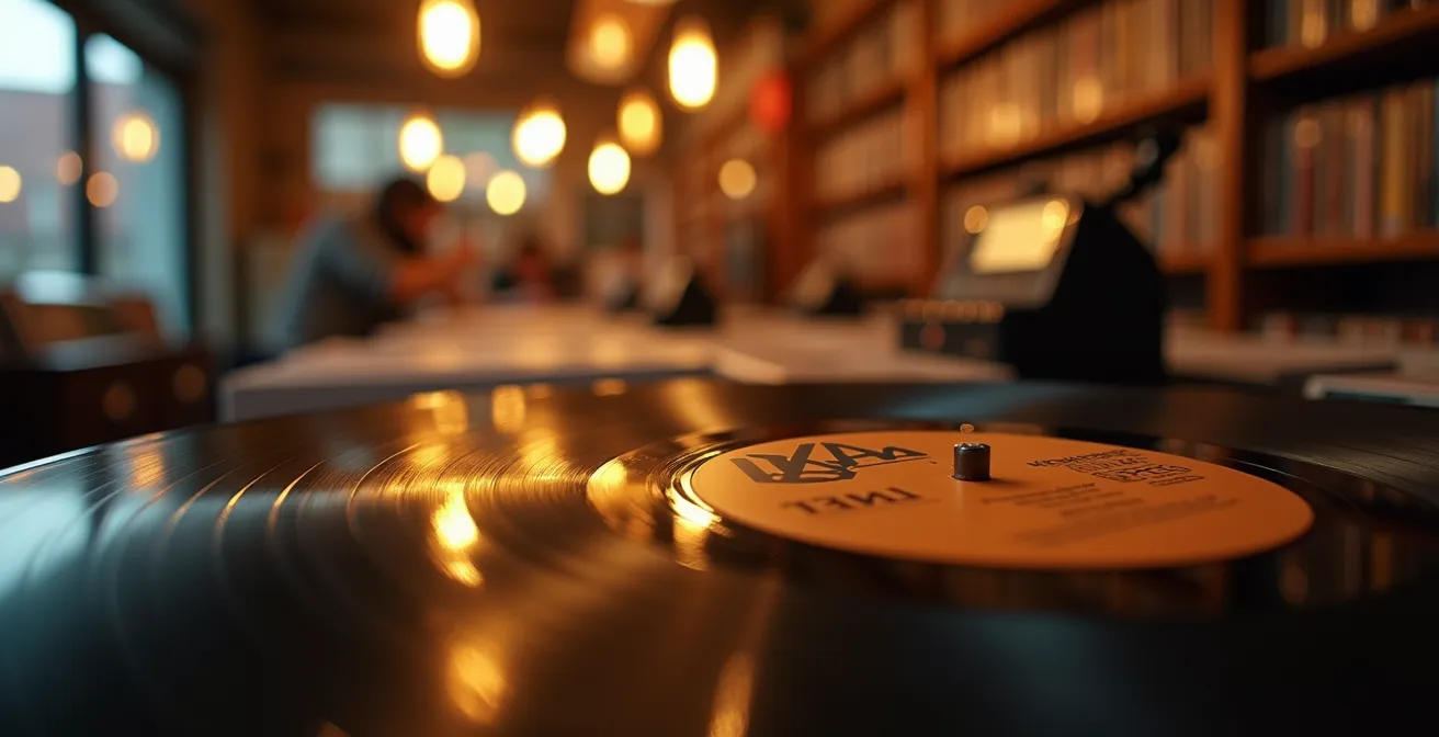 Intérieur d'un disquaire indépendant avec vinyles et comptoir de vente de billets