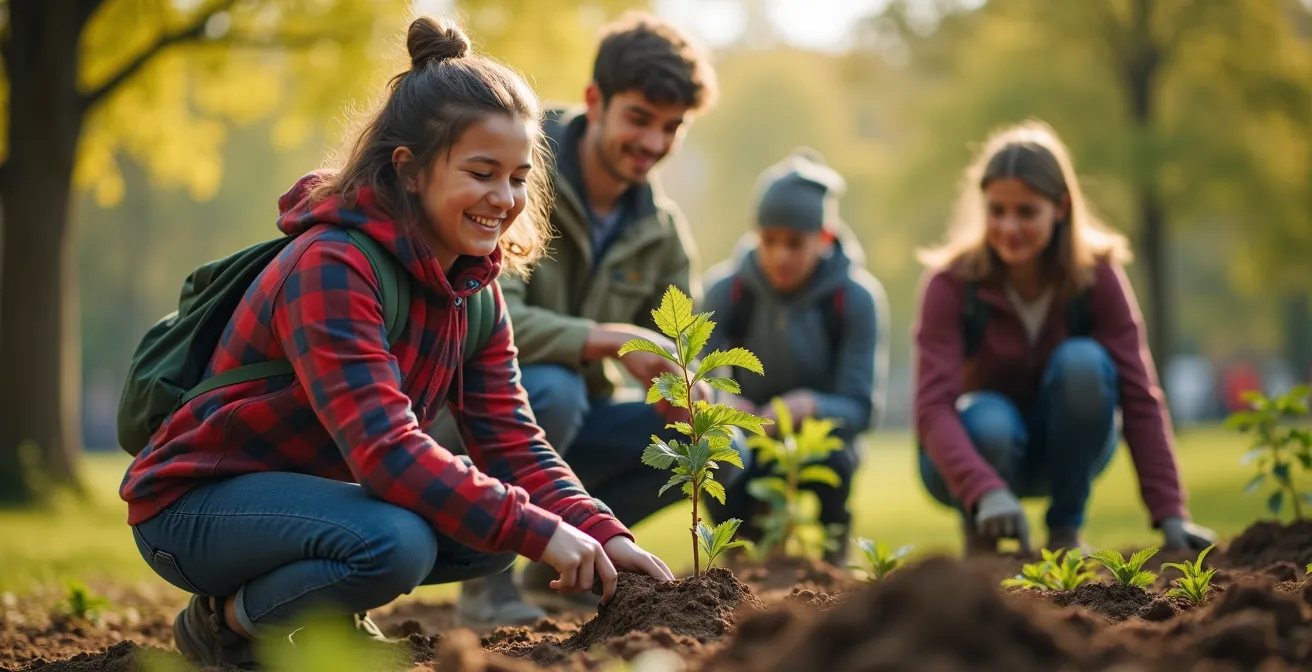 Groupe d'étudiants participant à une activité de bénévolat communautaire dans un parc canadien