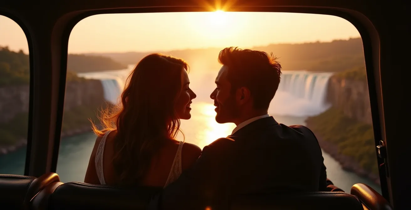Couple admirant le coucher de soleil depuis un hélicoptère survolant les chutes du Niagara