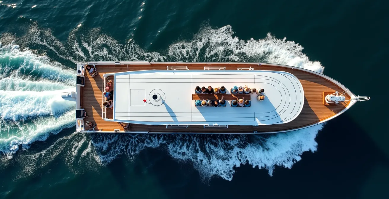 Vue aérienne montrant le placement optimal d'une famille au centre d'un bateau d'observation des baleines