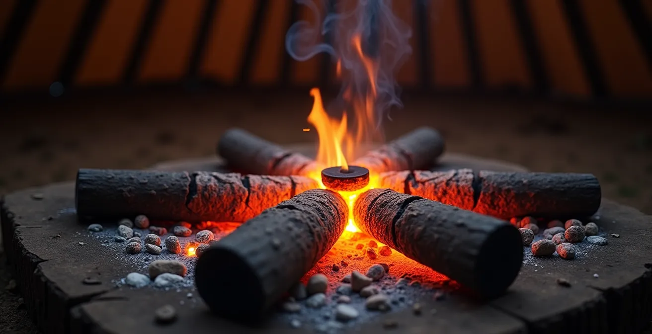 Feu en étoile traditionnel au centre d'un tipi avec disposition des bûches