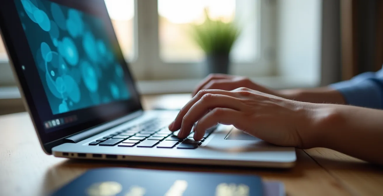 Bureau organisé avec passeport et ordinateur montrant une page web floue