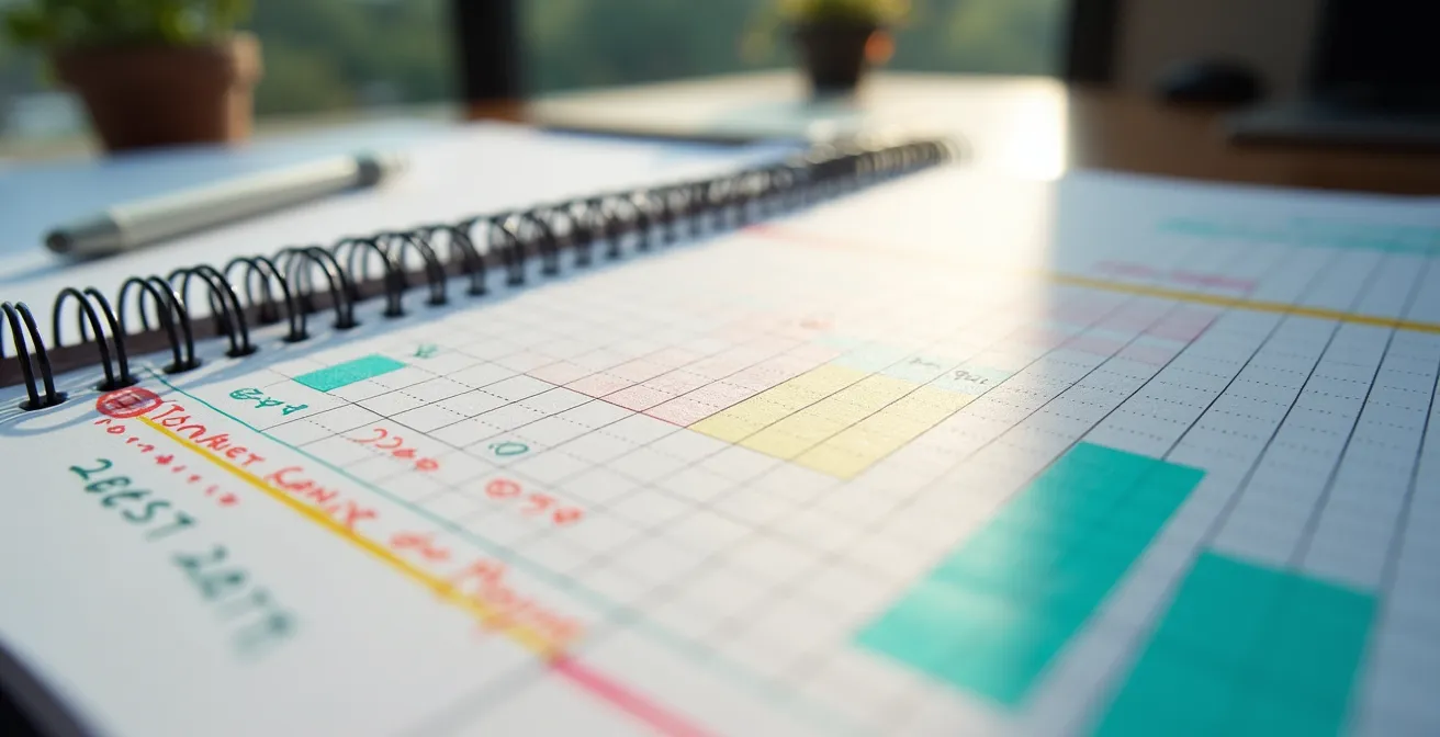 Vue macro d'un carnet de planification avec une grille budgétaire mensuelle dessinée à la main