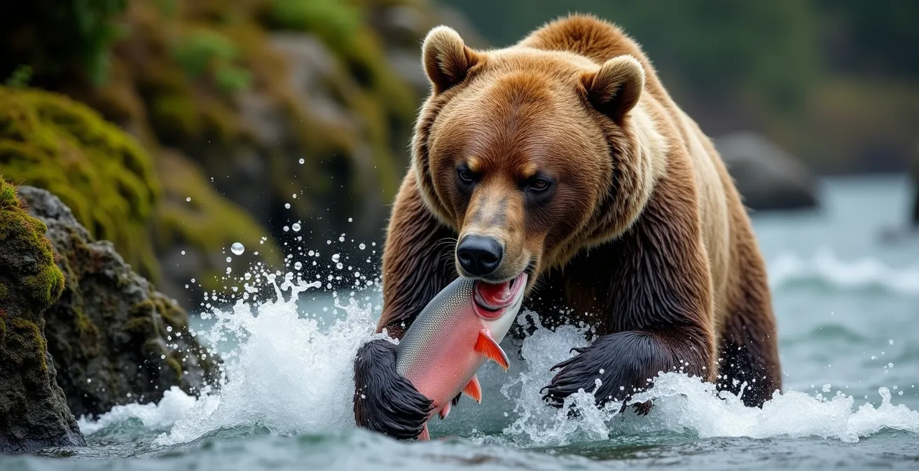 Grizzli pêchant un saumon dans une rivière de la Colombie-Britannique, entouré de forêt pluviale tempérée