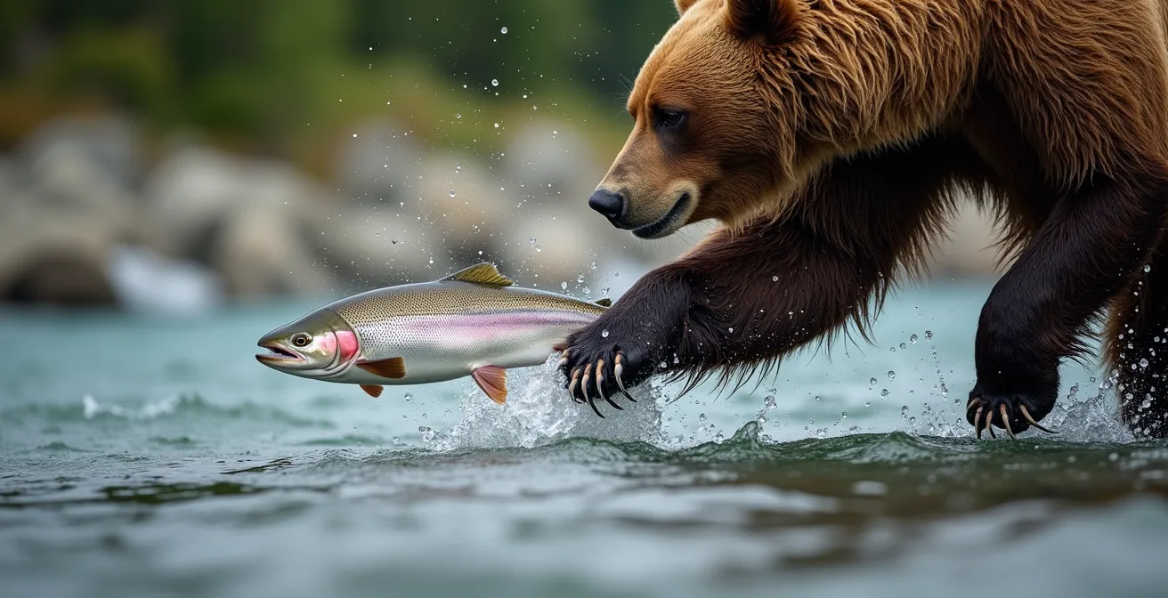 Grizzly pêchant le saumon dans une rivière de Colombie-Britannique