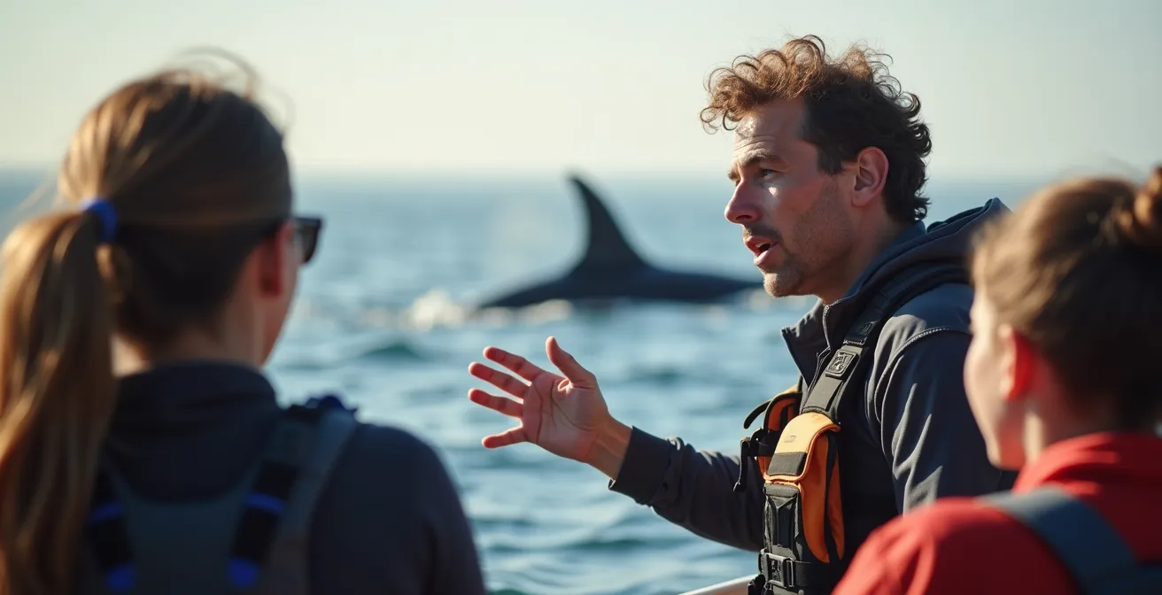 Guide naturaliste certifié expliquant le comportement des baleines à une famille sur un bateau d'observation