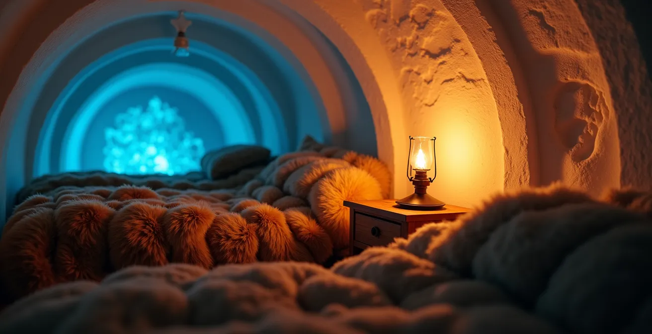 Intérieur d'un igloo traditionnel éclairé par une douce lumière chaude avec des fourrures et équipements de survie