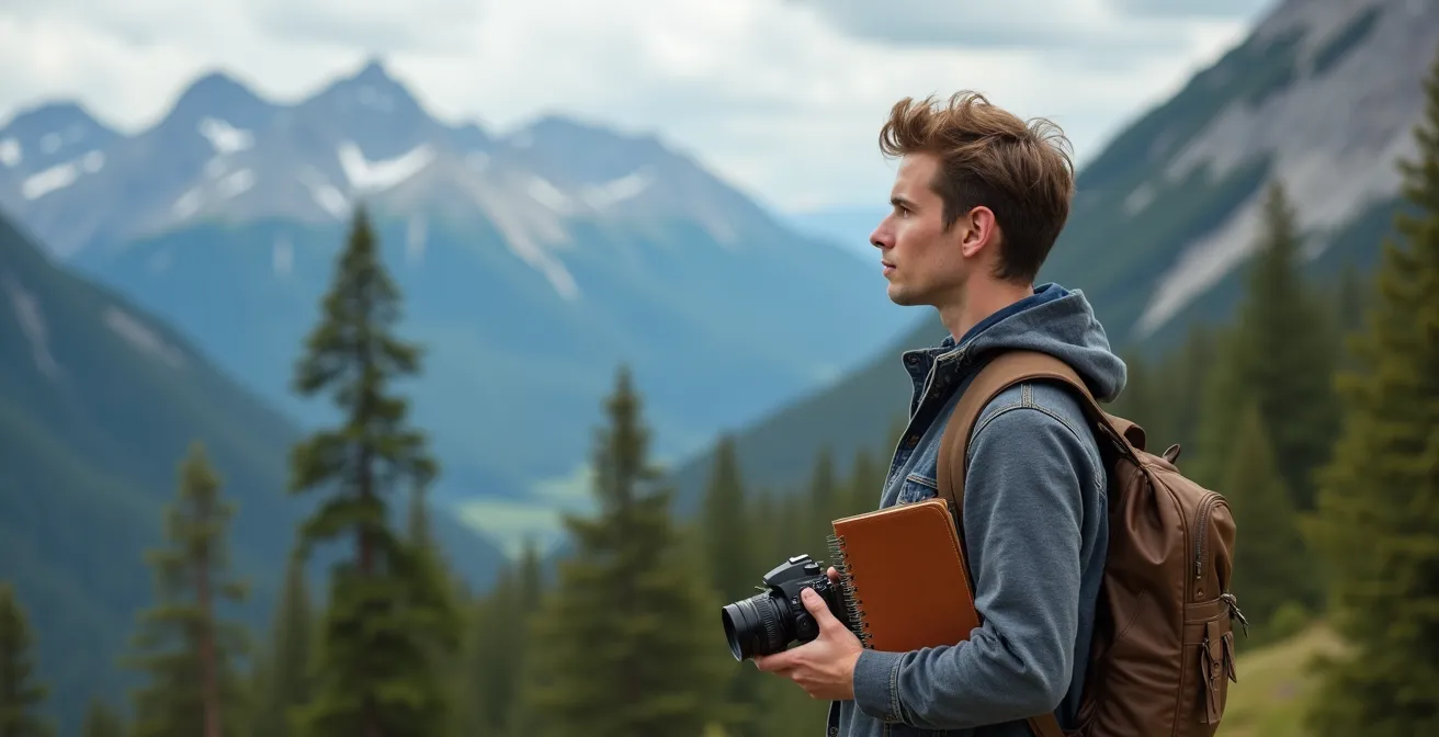 Jeune adulte contemplant devant un paysage canadien avec éléments symbolisant travail et tourisme