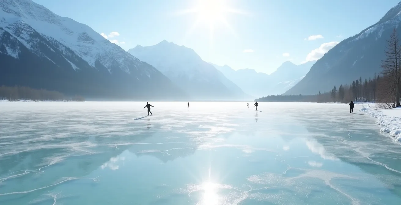 Patineurs solitaires sur un lac gelé entouré de montagnes enneigées dans les Rocheuses canadiennes