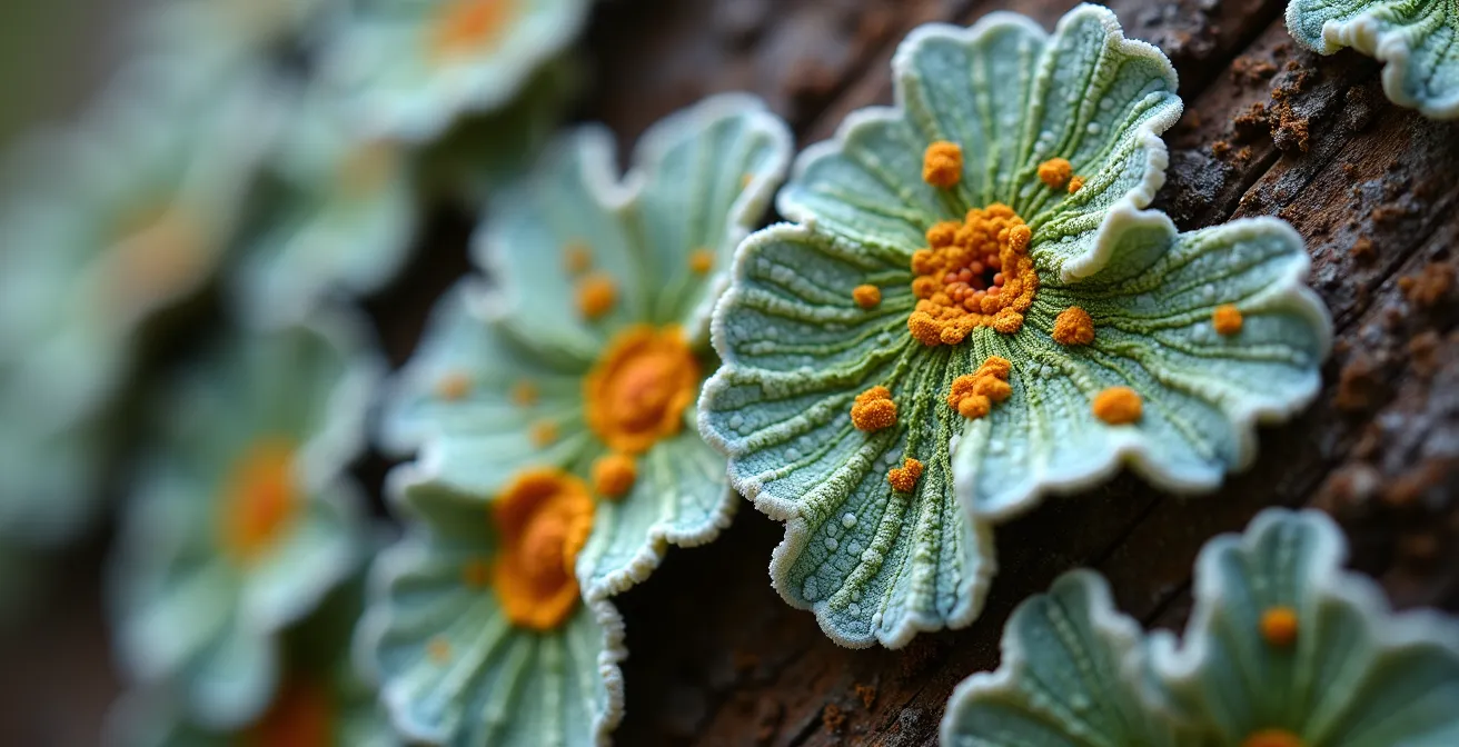 Gros plan macro sur les textures complexes d'un lichen boréal avec ses nuances de vert et orange sur écorce d'épinette