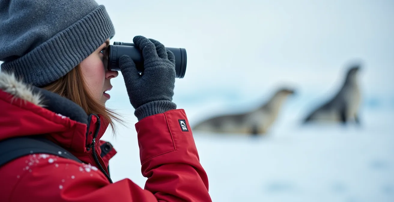 Observateur utilisant des jumelles pour regarder les phoques à distance respectueuse