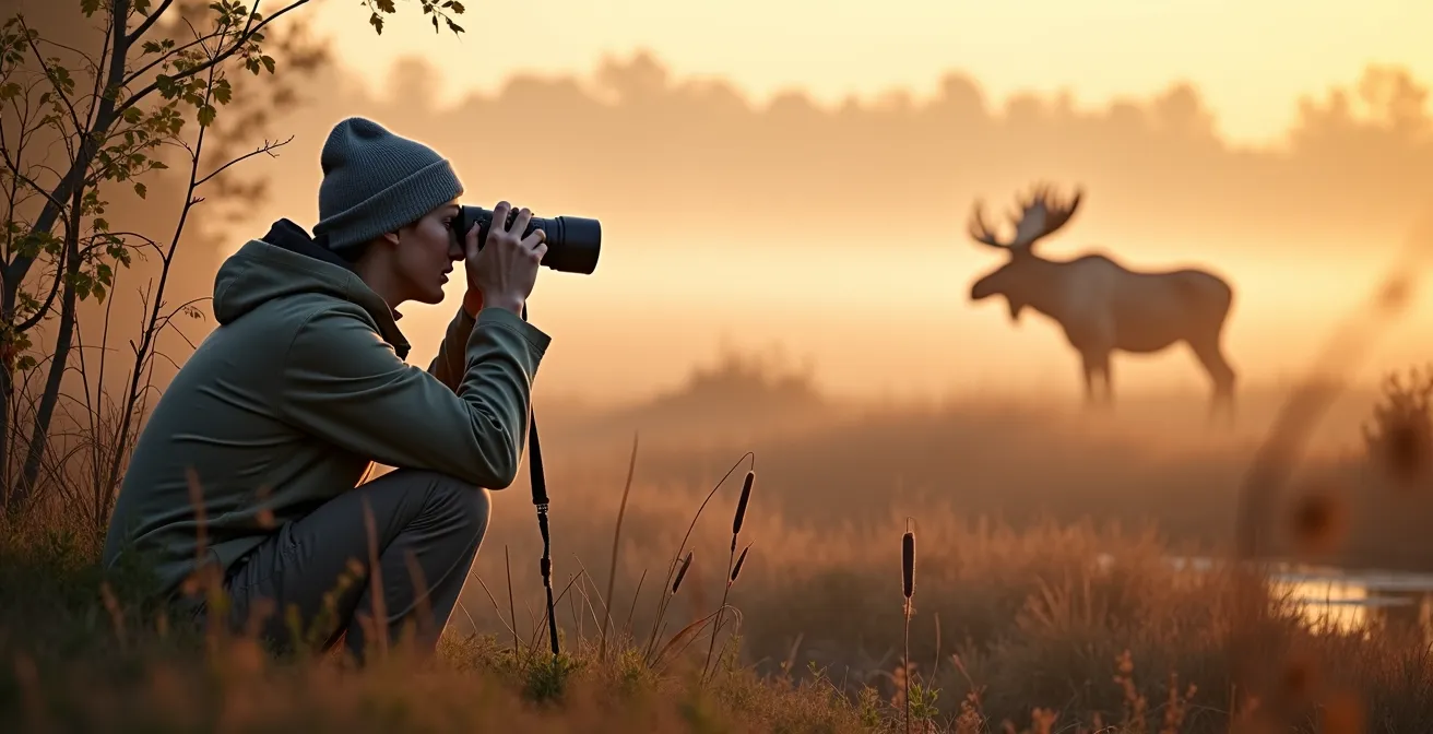Orignal dans un marais brumeux au lever du soleil dans un parc canadien