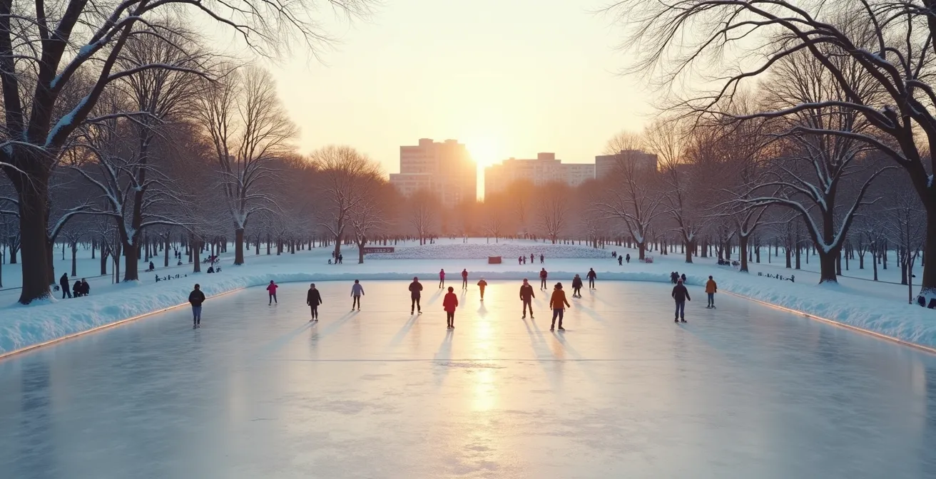 Vue large d'une patinoire extérieure dans un parc canadien en hiver avec des familles qui patinent