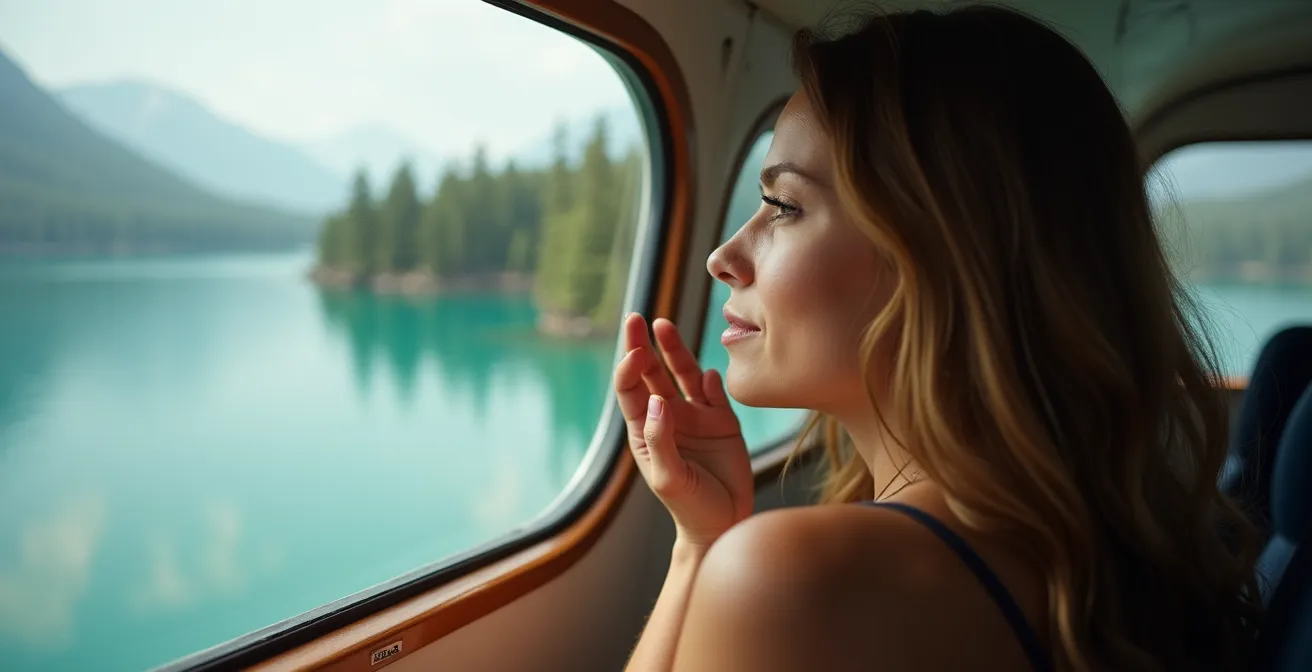 Passager regardant par la fenêtre d'un hydravion survolant un lac canadien