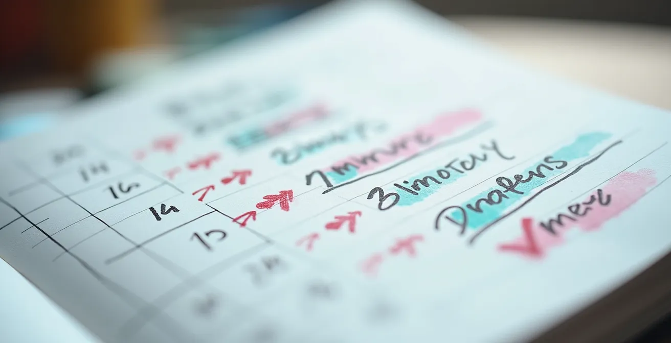 Vue macro d'un agenda avec notes manuscrites et plan d'études sur plusieurs années