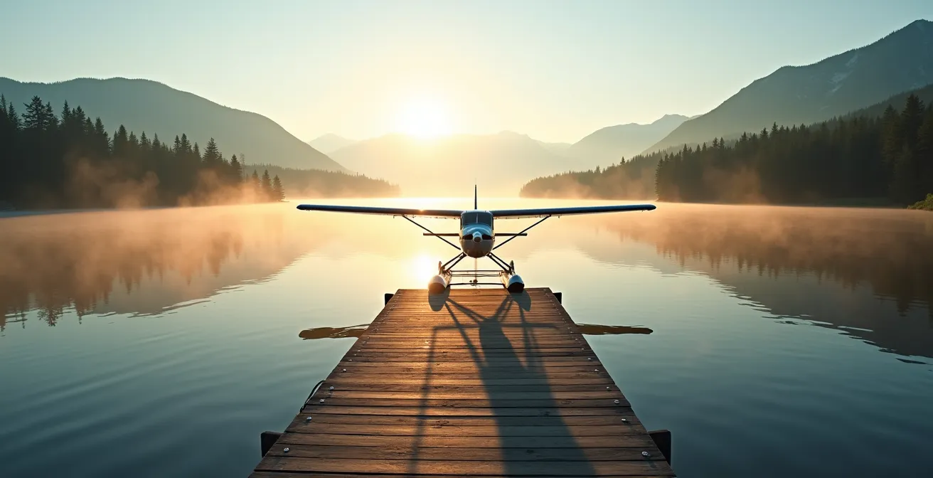 Vue aérienne d'un hydravion amarré près d'un ponton sur un lac canadien