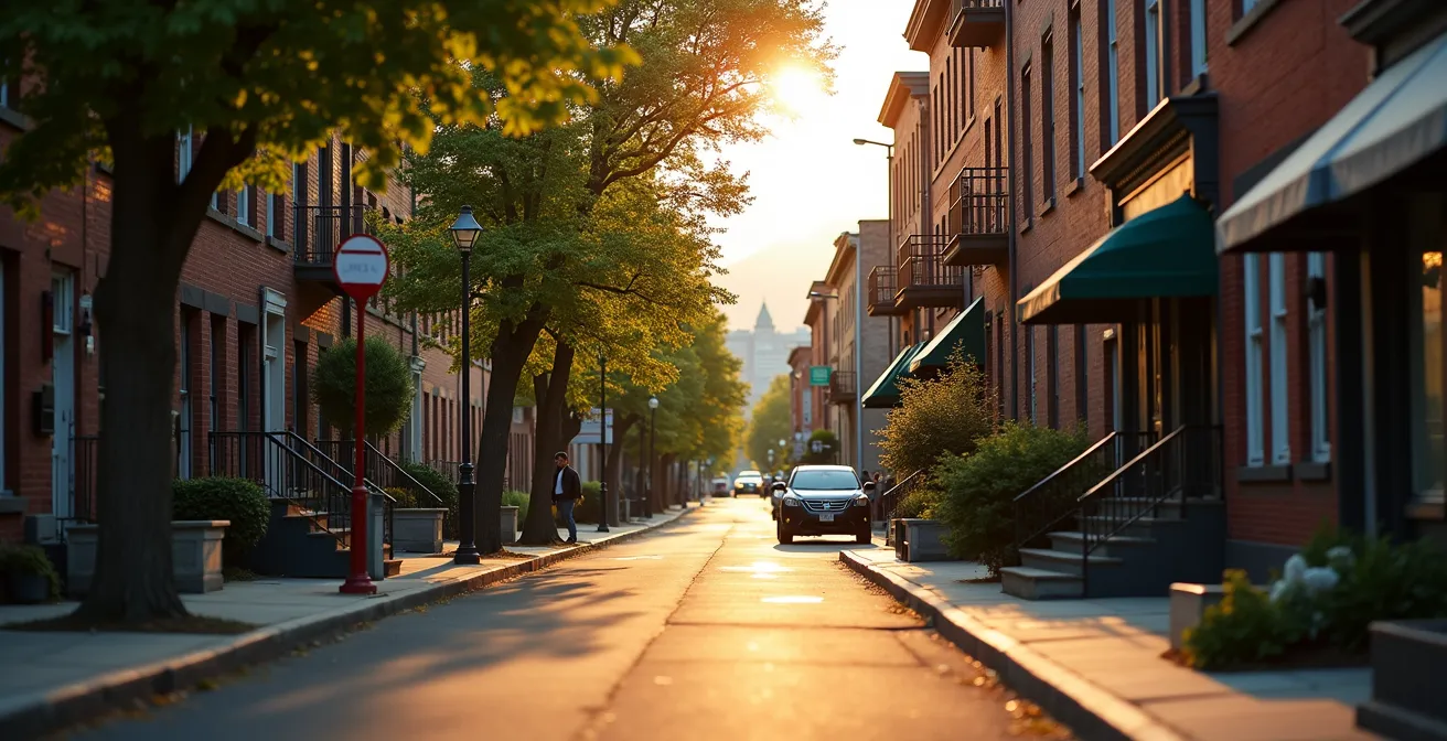 Vue panoramique d'une rue résidentielle typique du quartier Verdun à Montréal avec ses escaliers extérieurs caractéristiques