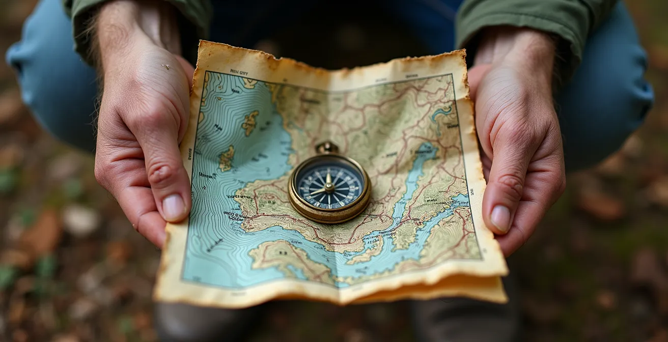 Mains d'un randonneur tenant une carte topographique canadienne avec boussole, dans un environnement forestier
