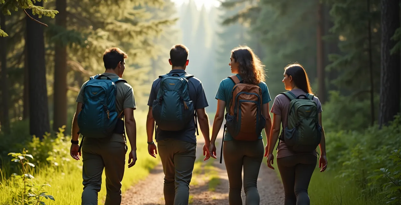 Groupe de randonneurs parlant fort dans une forêt dense canadienne
