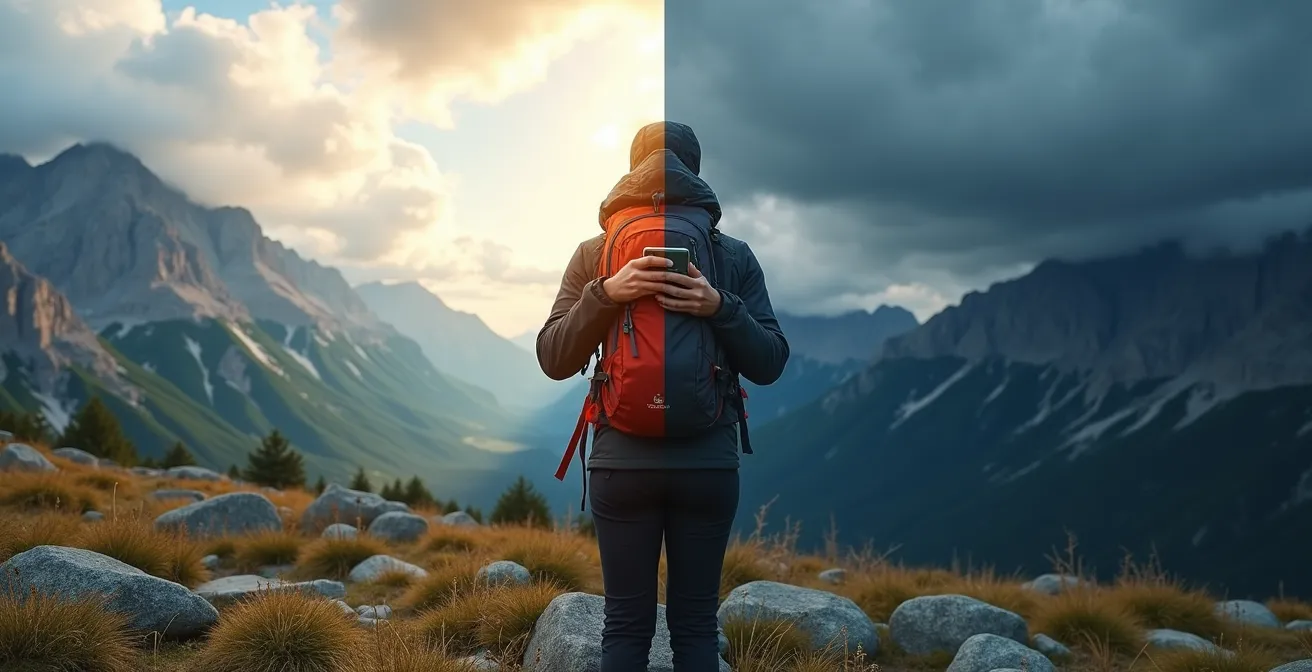 Randonneur vérifiant son équipement face à un changement météo soudain en montagne