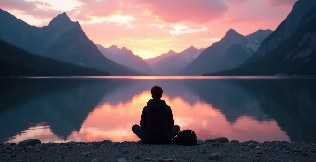 Silhouette d'un randonneur assis en méditation face à un lac miroir au coucher du soleil dans les Rocheuses canadiennes
