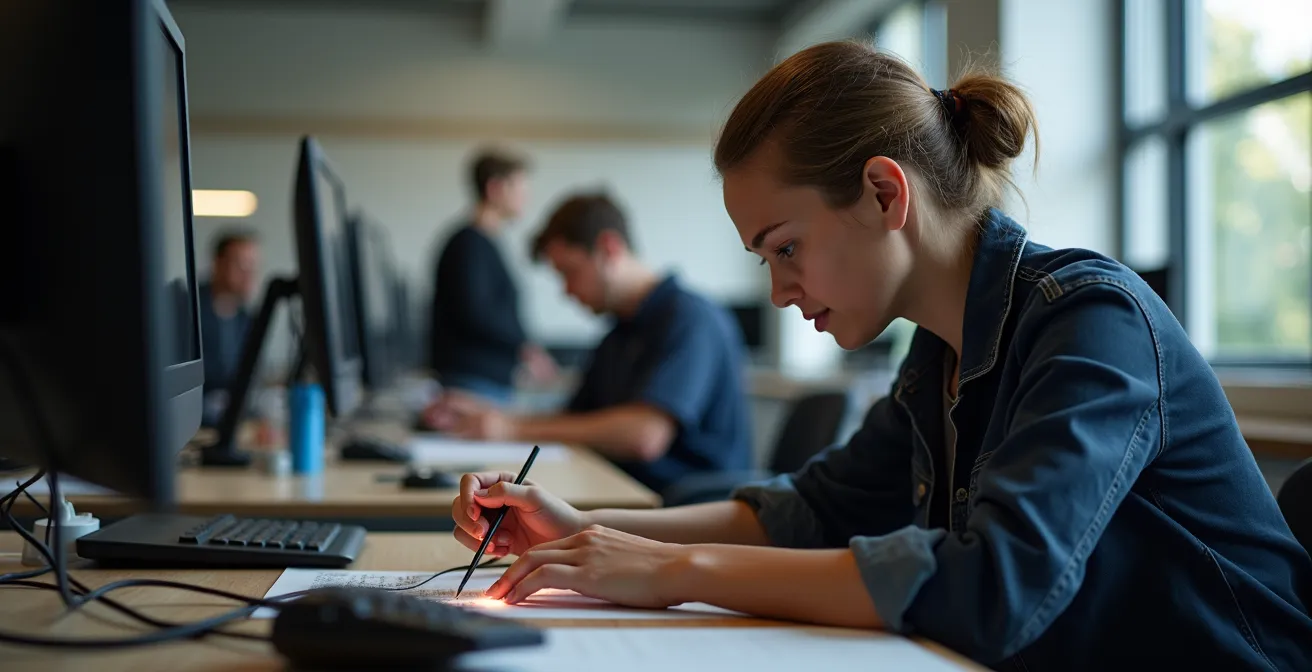 Contraste entre atelier technique moderne et amphithéâtre universitaire traditionnel
