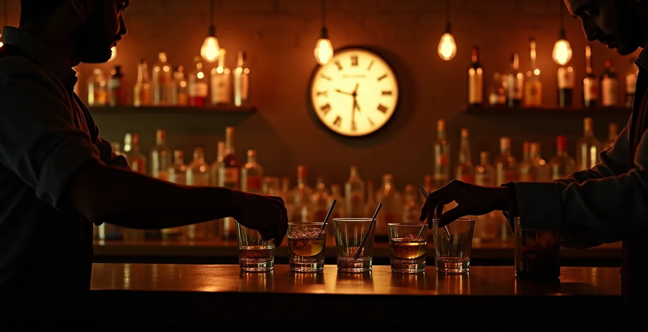 Scène nocturne d'un bar canadien au moment du dernier appel