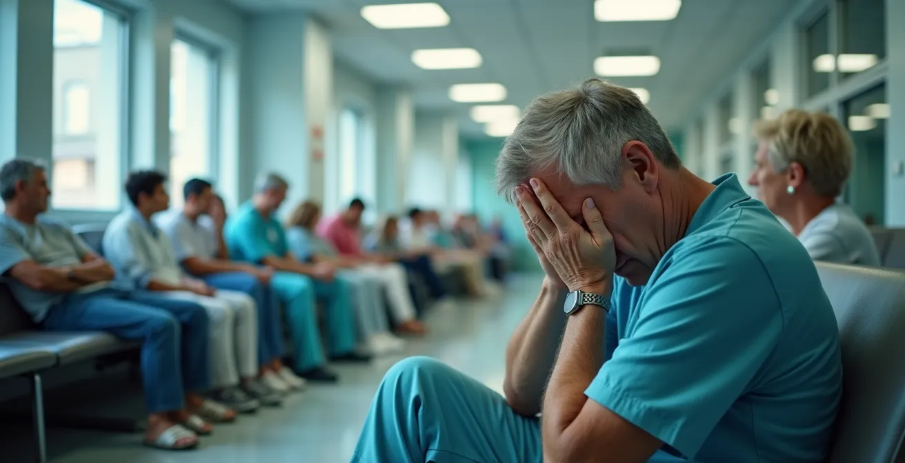 Salle d'attente d'urgence d'un hôpital canadien avec plusieurs patients