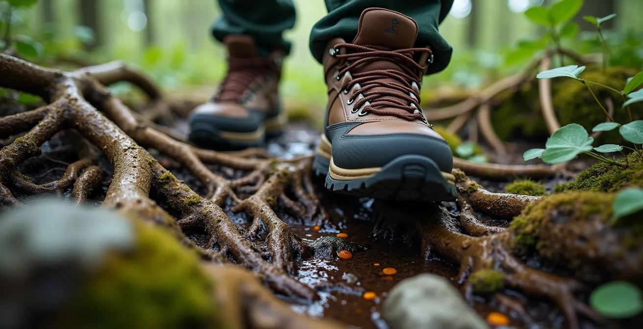 Gros plan sur un sentier technique avec racines et roches du Bouclier canadien