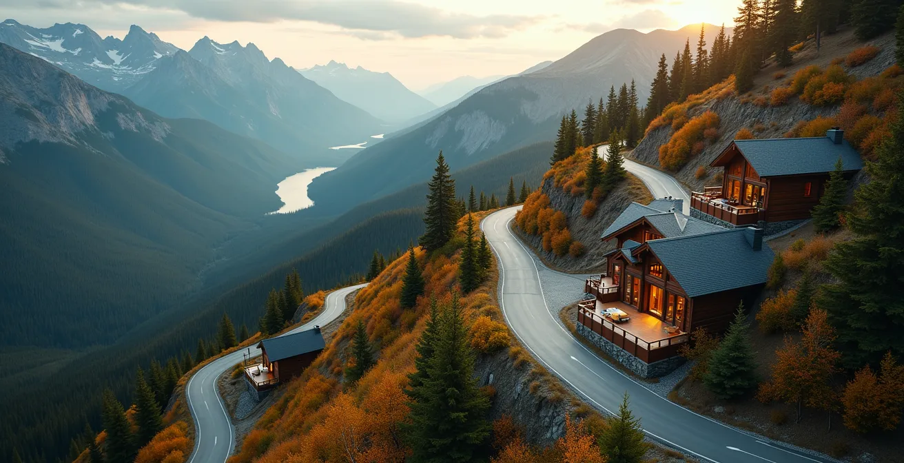 Vue aérienne d'un parcours de voyage montrant trois hébergements en progression : auberge simple, camping en nature, lodge de luxe au bord d'un lac