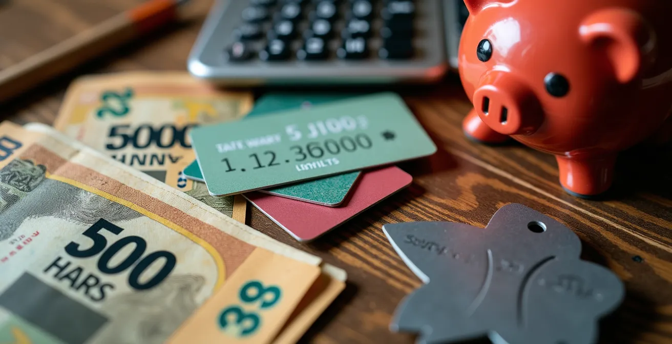 Composition montrant différentes stratégies d'économie pour un voyage au Canada avec billets, cartes et symboles d'épargne