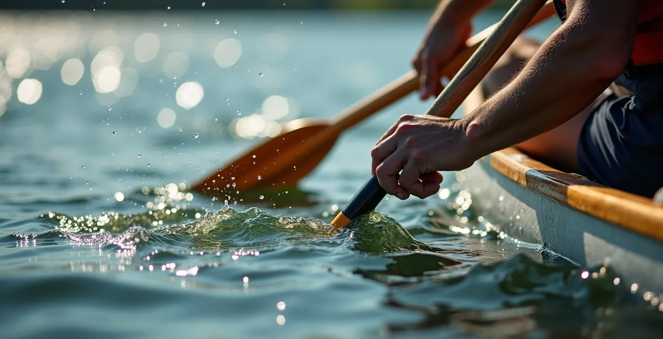 Gros plan sur les mains d'un pagayeur exécutant le coup en J dans l'eau cristalline