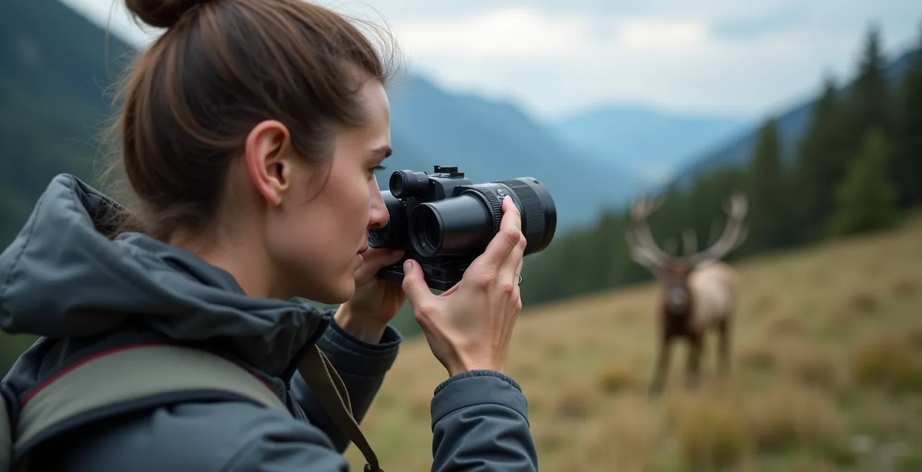 Randonneur utilisant des jumelles couplées à un smartphone pour photographier un wapiti dans une vallée canadienne