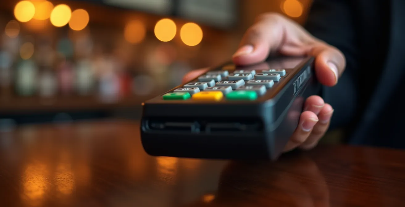 Mains tenant un terminal de paiement dans un contexte de bar avec calcul de pourboire