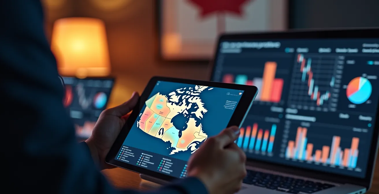 Gros plan sur un écran d'ordinateur montrant des graphiques de performance publicitaire avec une carte du Canada en arrière-plan
