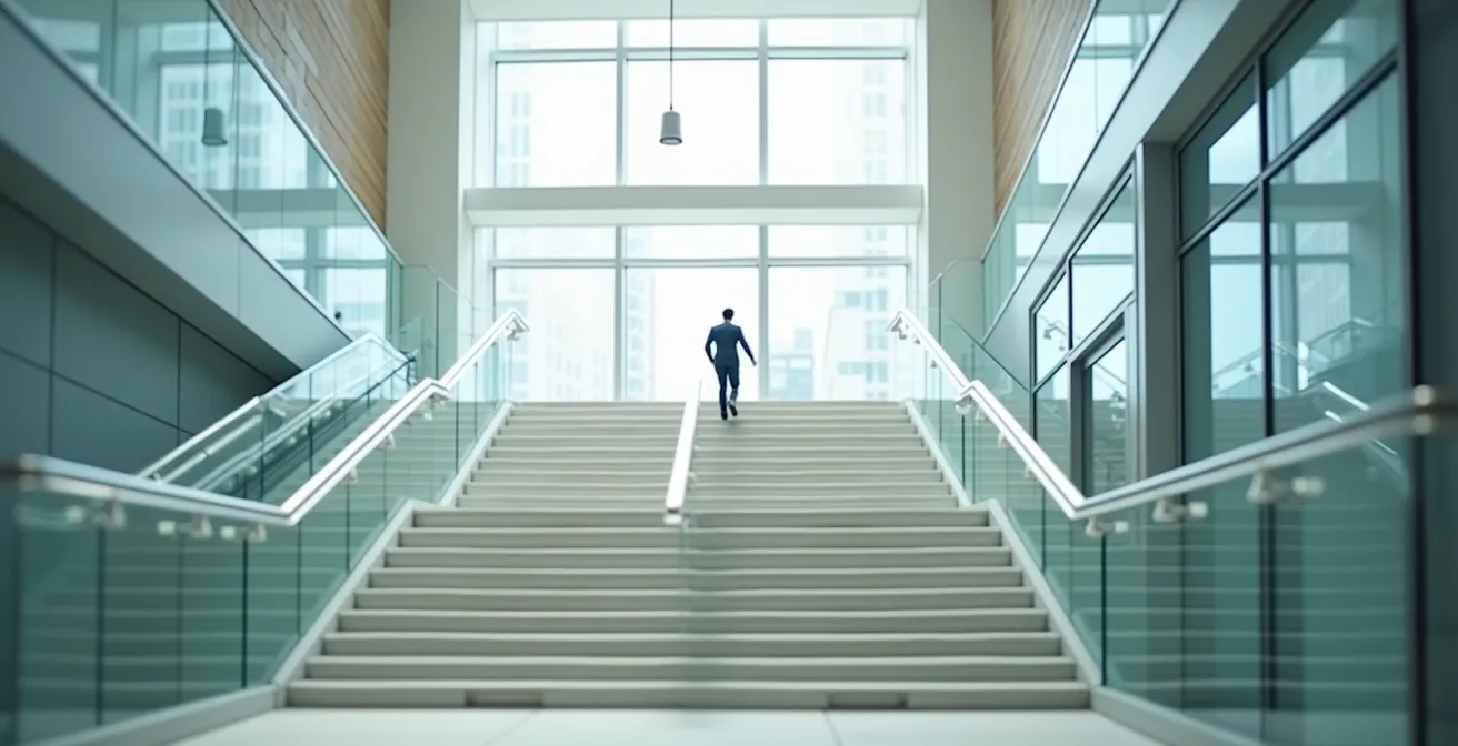 Vue aérienne d'un escalier moderne symbolisant la progression vers la résidence permanente canadienne